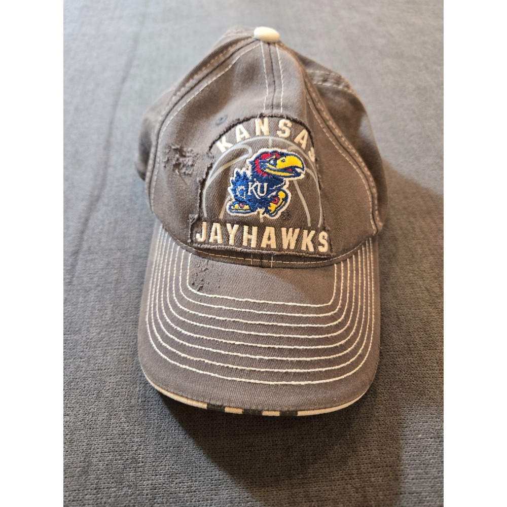 Vtg Adidas Kansas Jayhawks KU Distressed Gray Stretch Fit Hat Cap S/M NCAA